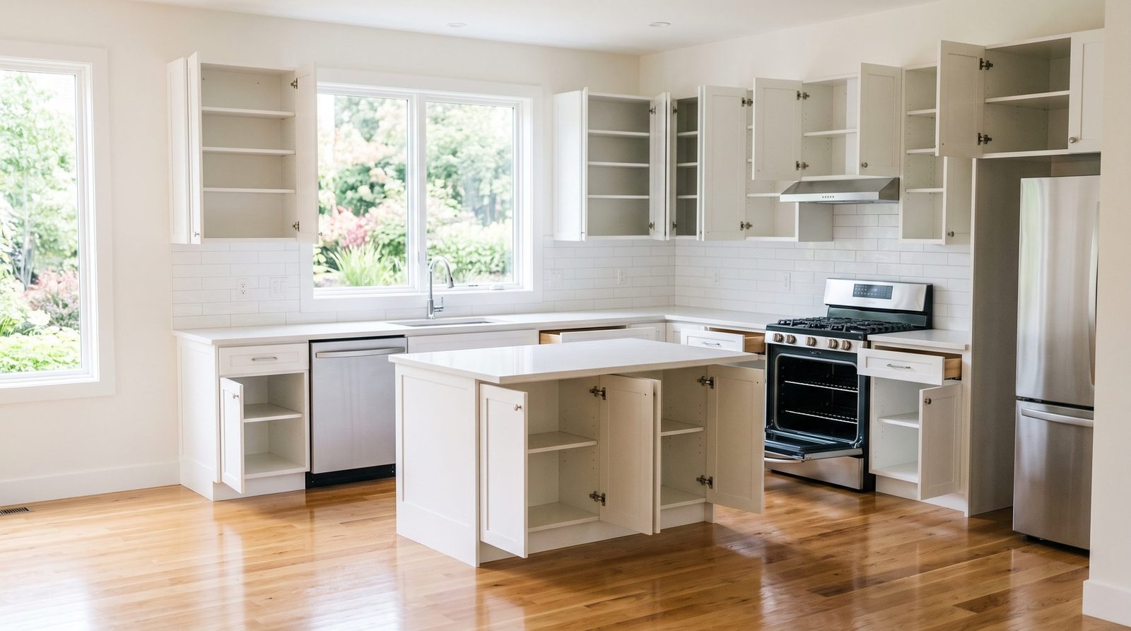 An empty, spotless kitchen with open cabinets and gleaming wood floors, ready for move-in