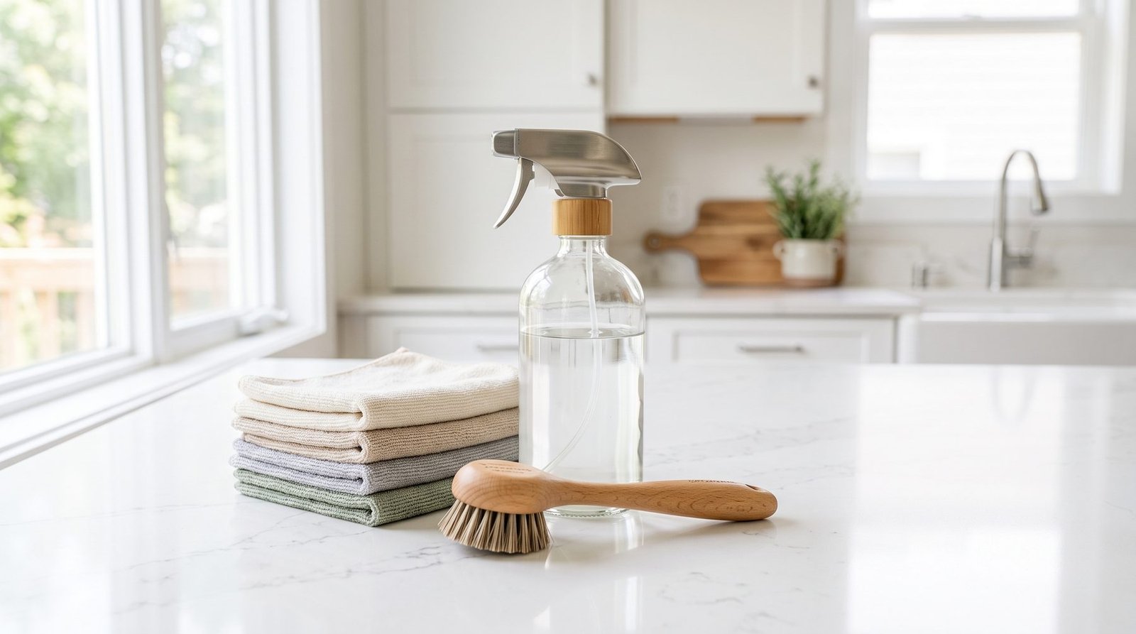 Eco-considerate cleaning supplies — a glass spray bottle, folded microfiber cloths, and a wooden brush on a clean marble counter